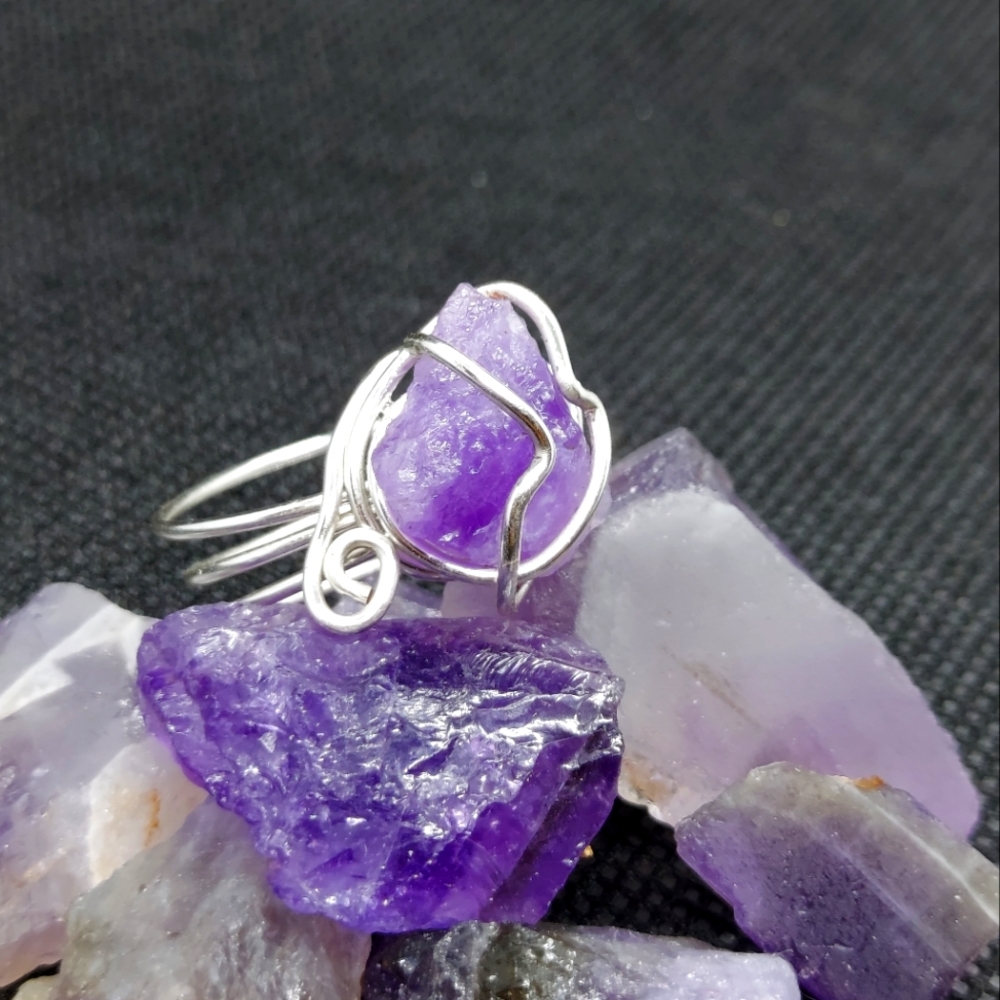 Rough cut, wire wrapped amethyst ring (size 7)